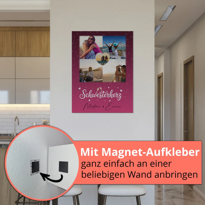 Personalisiertes Fotoboard Magnet Wandbild mit 4 Fotos und 1 Herz Foto für individuelle Geschenke