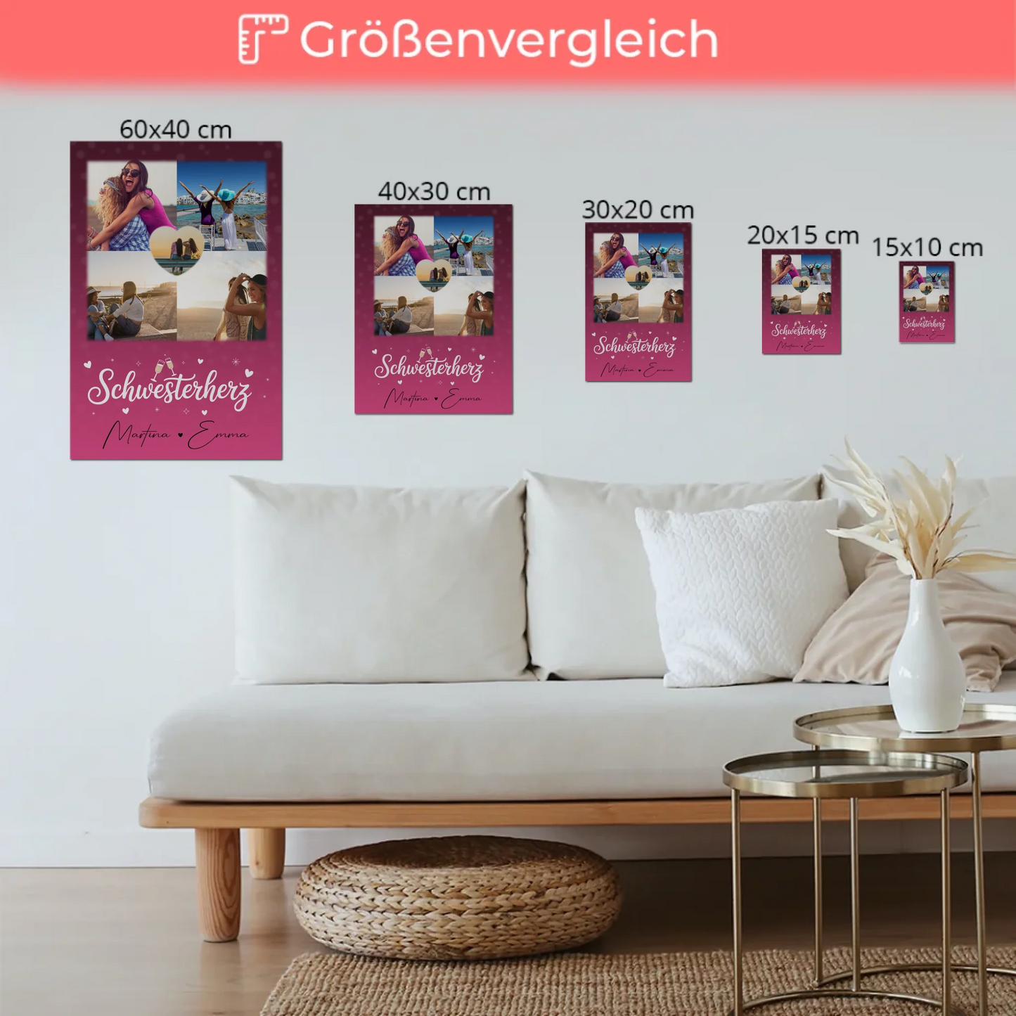 Personalisiertes Fotoboard Magnet Wandbild mit 4 Fotos und 1 Herz Foto für individuelle Geschenke