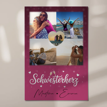 Personalisiertes Fotoboard Magnet Wandbild mit 4 Fotos und 1 Herz Foto für individuelle Geschenke