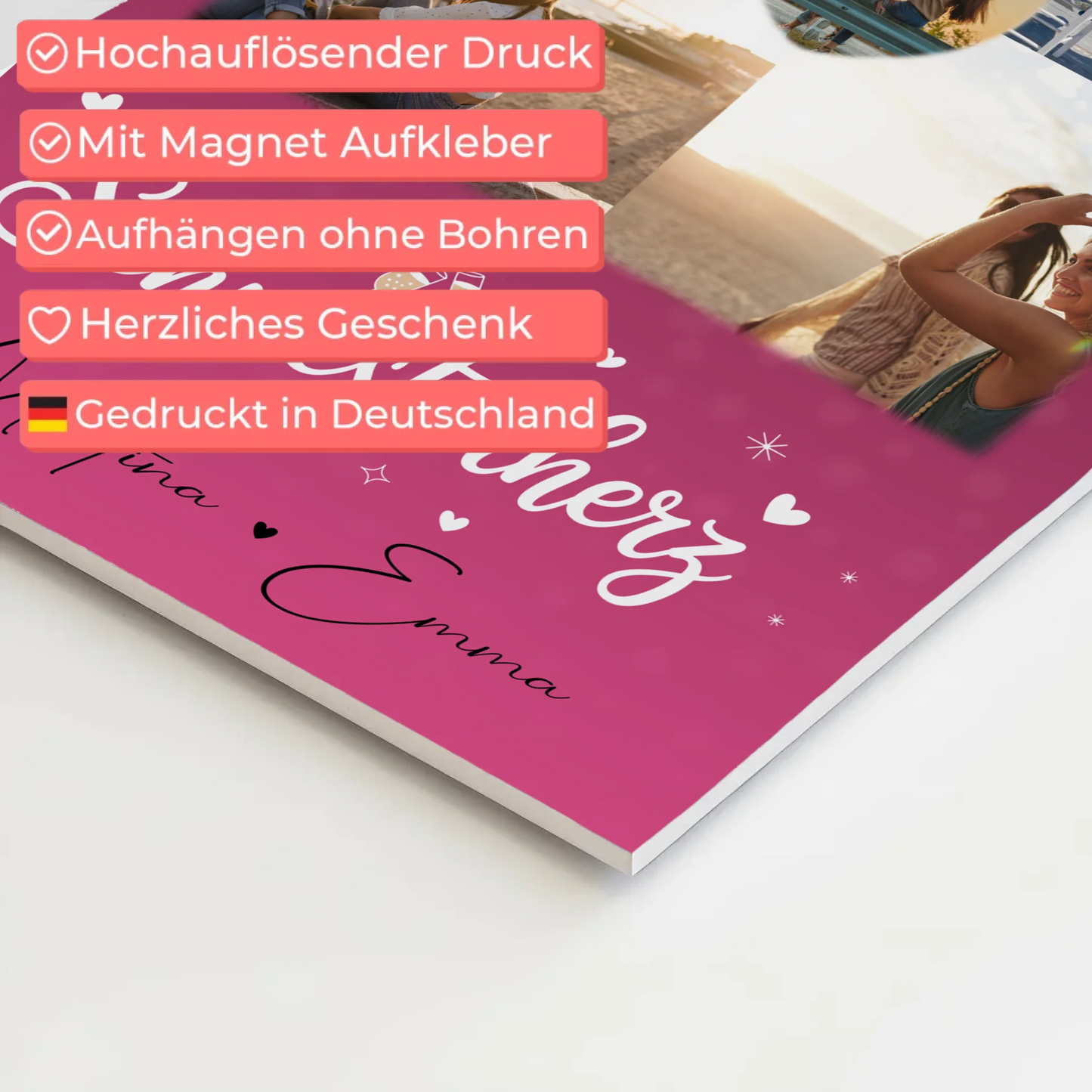 Personalisiertes Fotoboard Magnet Wandbild mit 4 Fotos und 1 Herz Foto für individuelle Geschenke