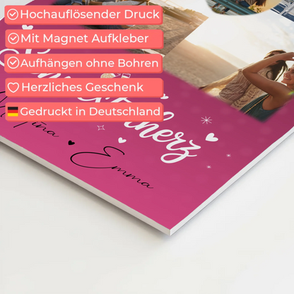 Personalisiertes Fotoboard Magnet Wandbild mit 4 Fotos und 1 Herz Foto für individuelle Geschenke