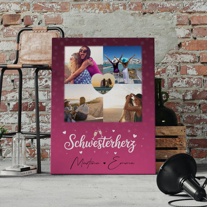 Personalisierte Schwester Leinwand mit 4 Fotos und 1 Herz Foto Geschenk für Geschwister