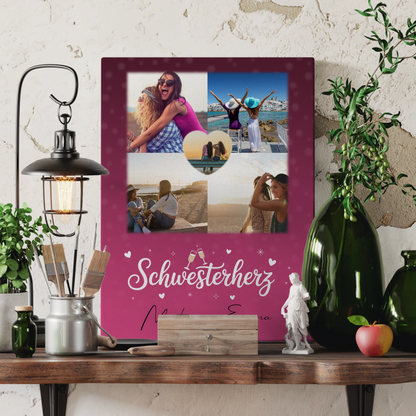 Personalisierte Schwester Leinwand mit 4 Fotos und 1 Herz Foto Geschenk für Geschwister