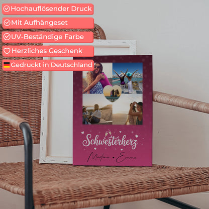 Personalisierte Schwester Leinwand mit 4 Fotos und 1 Herz Foto Geschenk für Geschwister