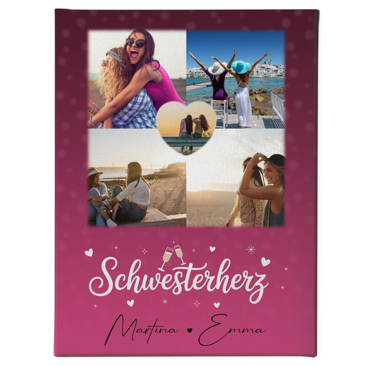 Personalisierte Schwester Leinwand mit 4 Fotos und 1 Herz Foto Geschenk für Geschwister