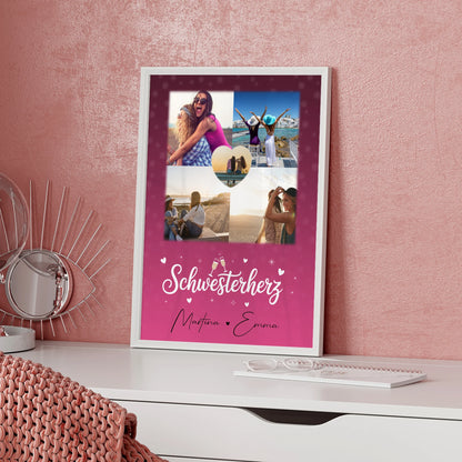 Poster Schwester Personalisiert mit 4 Fotos und 1 Herz Foto als einzigartige Geschenkidee