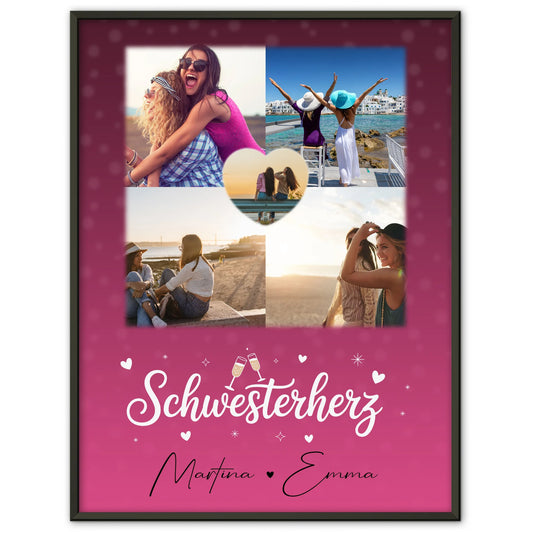 Poster Schwester Personalisiert mit 4 Fotos und 1 Herz Foto als einzigartige Geschenkidee
