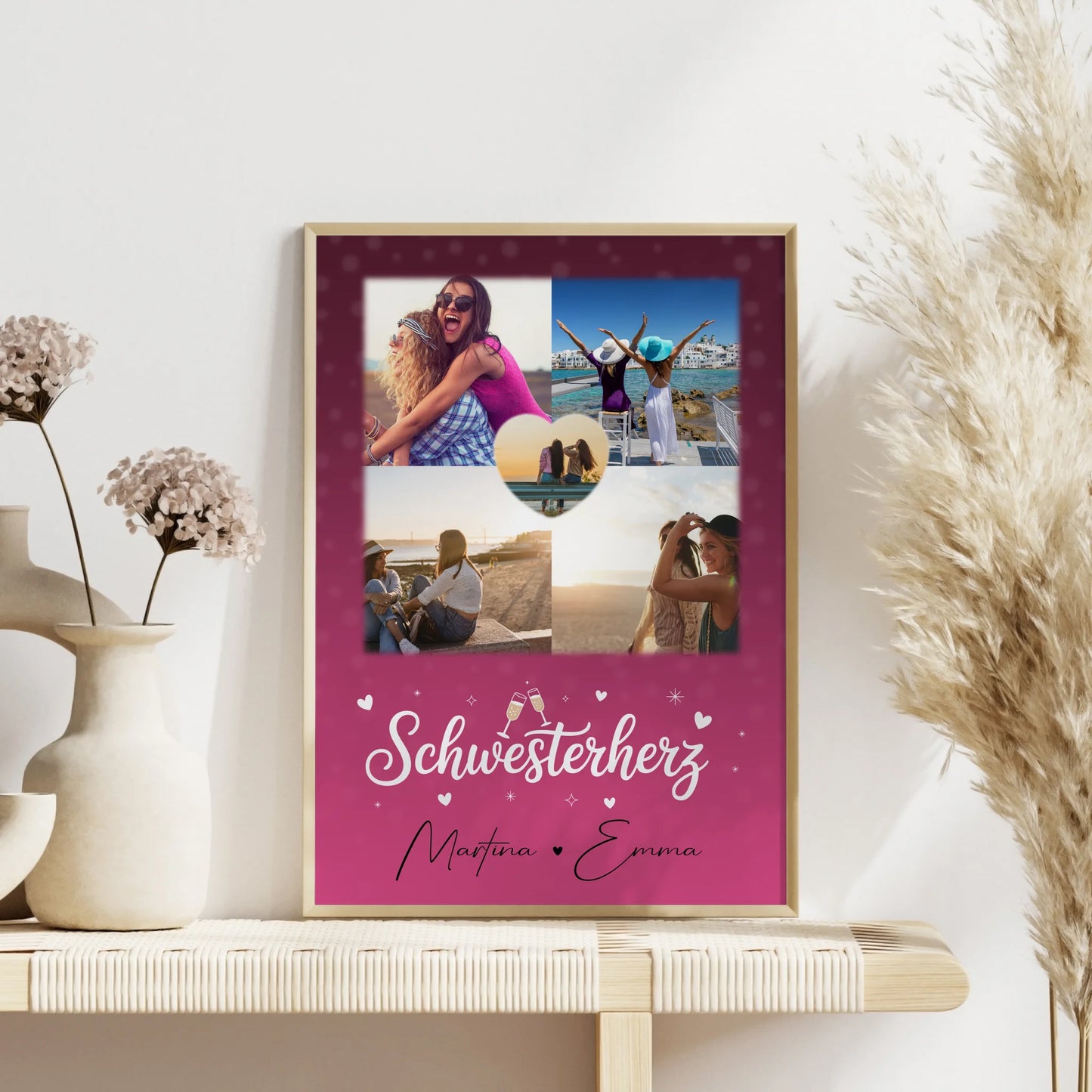 Poster Schwester Personalisiert mit 4 Fotos und 1 Herz Foto als einzigartige Geschenkidee