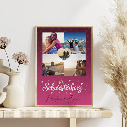 Poster Schwester Personalisiert mit 4 Fotos und 1 Herz Foto als einzigartige Geschenkidee