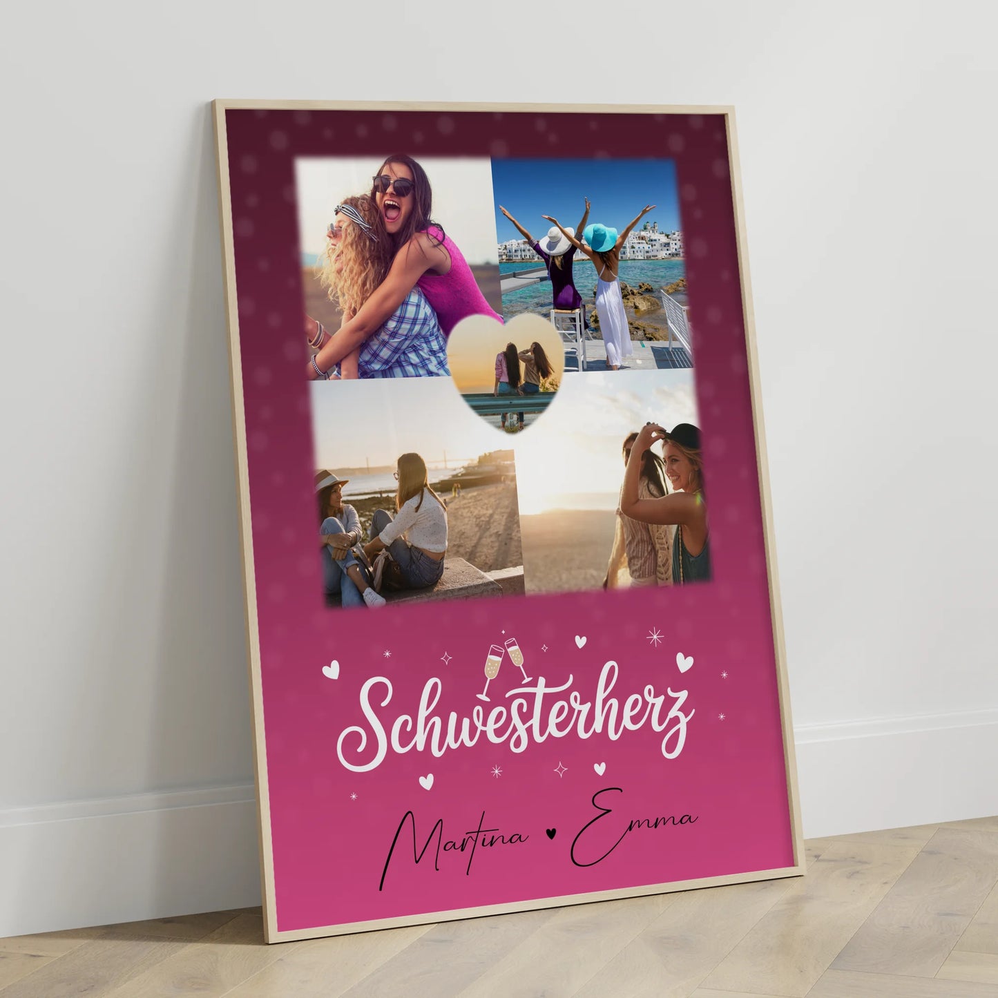 Poster Schwester Personalisiert mit 4 Fotos und 1 Herz Foto als einzigartige Geschenkidee