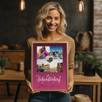 Poster Schwester Personalisiert mit 4 Fotos und 1 Herz Foto als einzigartige Geschenkidee