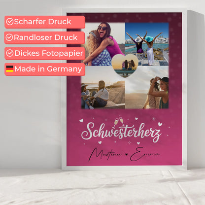 Poster Schwester Personalisiert mit 4 Fotos und 1 Herz Foto als einzigartige Geschenkidee