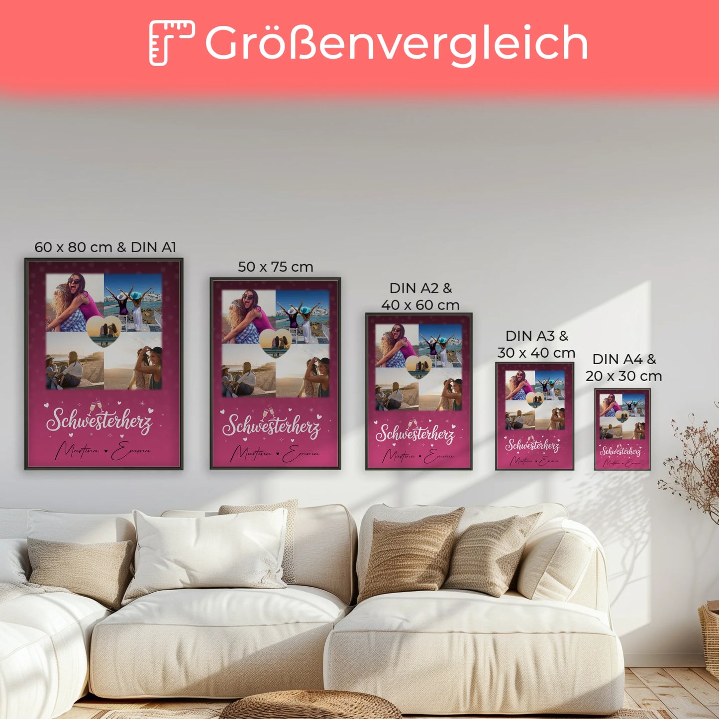 Poster Schwester Personalisiert mit 4 Fotos und 1 Herz Foto als einzigartige Geschenkidee