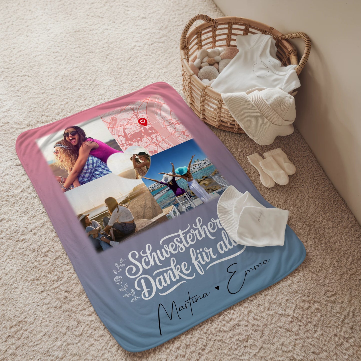 Personalisierte Decke Schwester mit 3 Fotos Herz Foto Karte Geschenkidee 2
