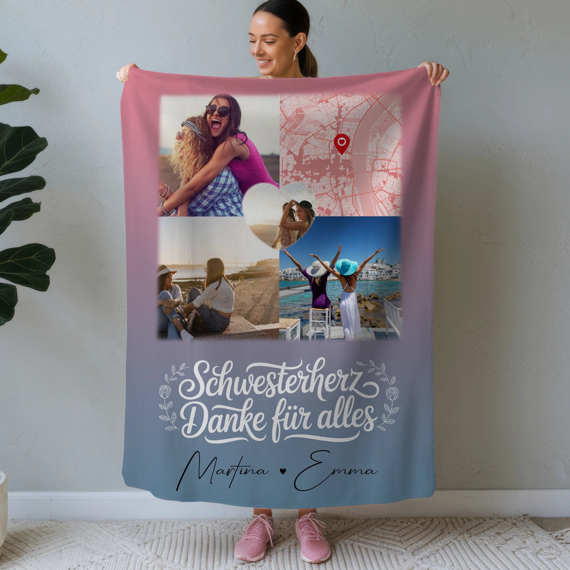 Personalisierte Decke Schwester mit 3 Fotos Herz Foto Karte Geschenkidee 1