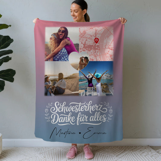 Personalisierte Decke Schwester mit 3 Fotos Herz Foto Karte Geschenkidee 1