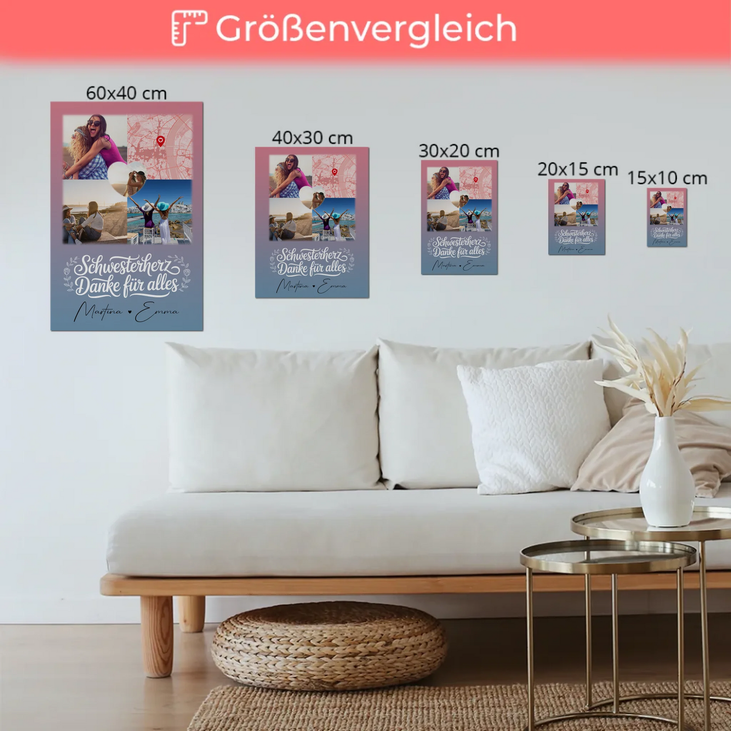 Magnetposter Fotoboard mit 3 Fotos und Herz Foto Karte personalisiertes Geschenk