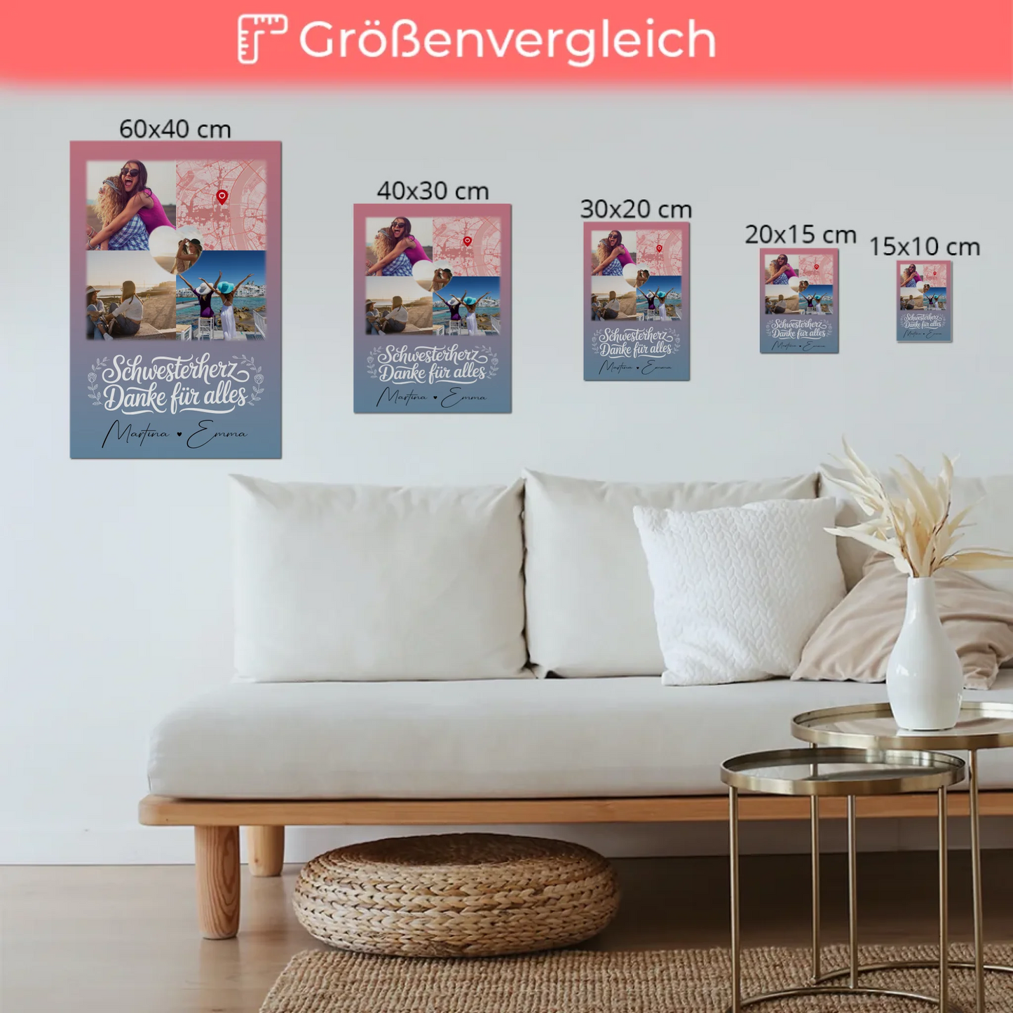 Magnetposter Fotoboard mit 3 Fotos und Herz Foto Karte personalisiertes Geschenk