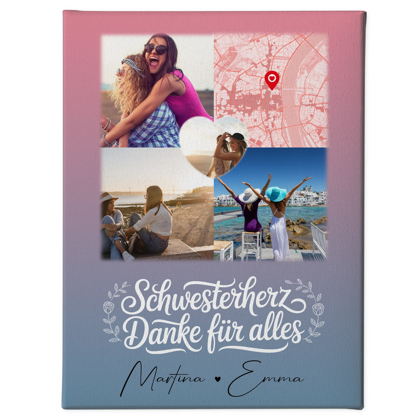 Personalisierte Schwester Leinwand mit 3 Fotos 1 Herz Foto Karte Geschenk