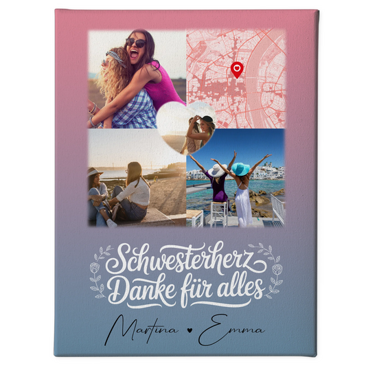 Personalisierte Schwester Leinwand mit 3 Fotos 1 Herz Foto Karte Geschenk