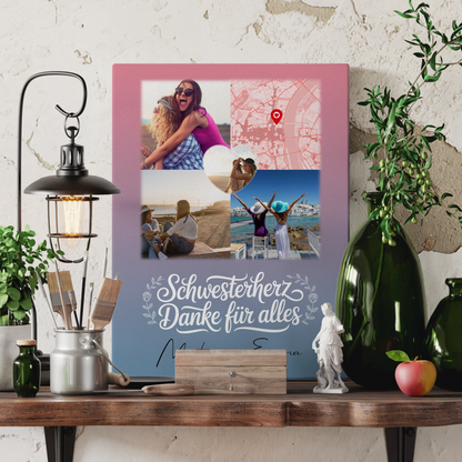 Personalisierte Schwester Leinwand mit 3 Fotos 1 Herz Foto Karte Geschenk