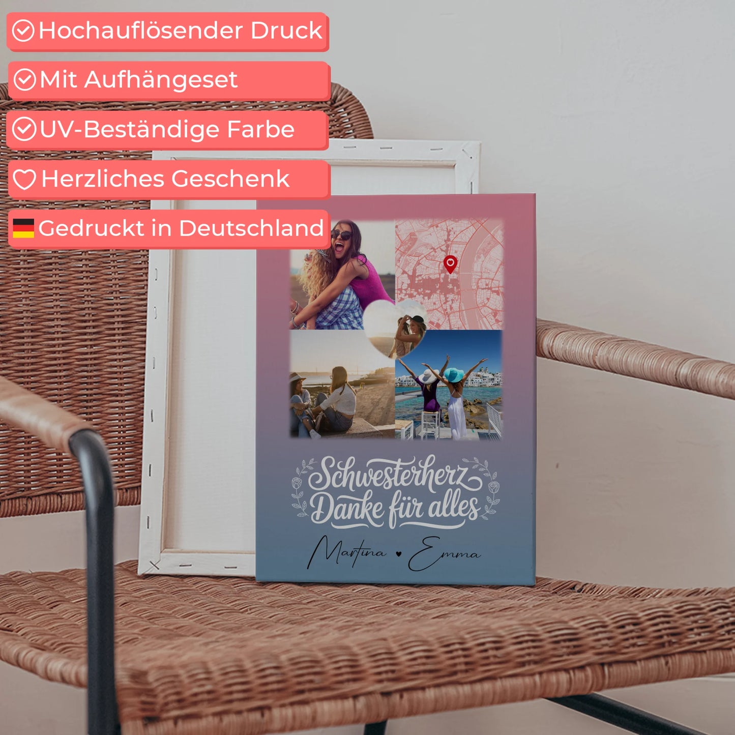 Personalisierte Schwester Leinwand mit 3 Fotos 1 Herz Foto Karte Geschenk