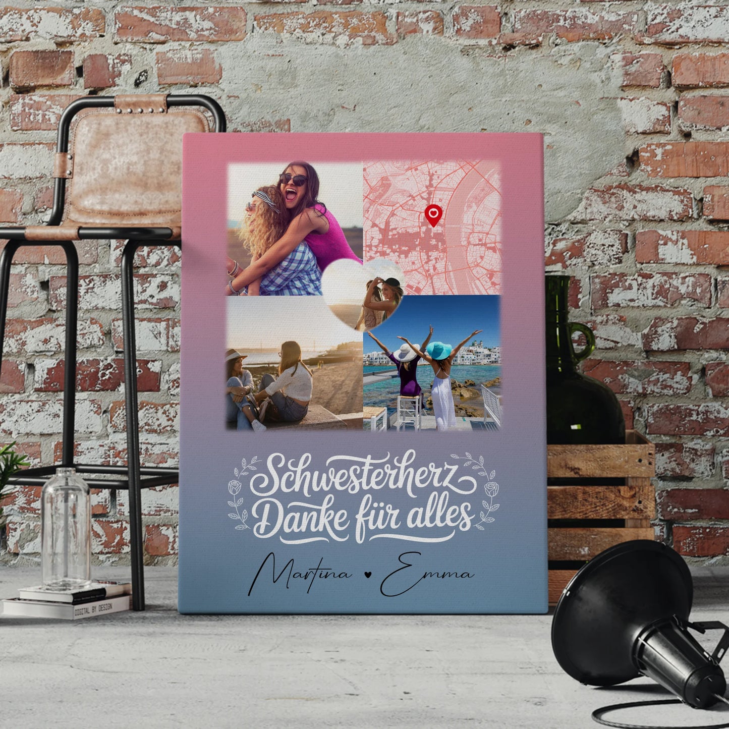 Personalisierte Schwester Leinwand mit 3 Fotos 1 Herz Foto Karte Geschenk