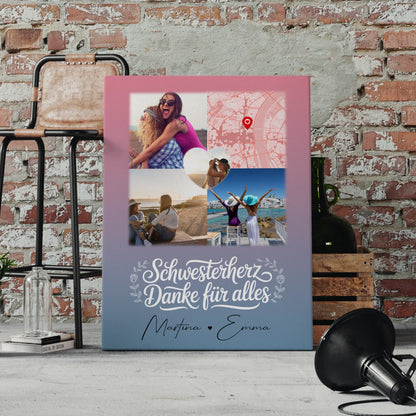 Personalisierte Schwester Leinwand mit 3 Fotos 1 Herz Foto Karte Geschenk