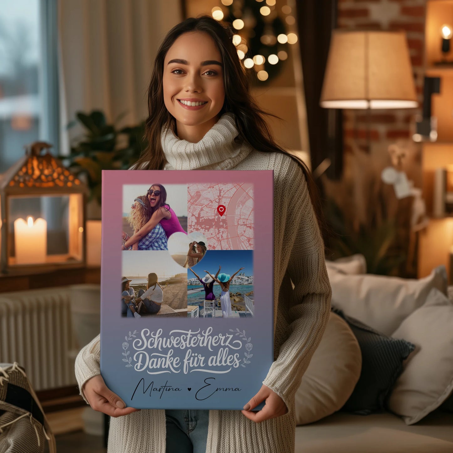 Personalisierte Schwester Leinwand mit 3 Fotos 1 Herz Foto Karte Geschenk