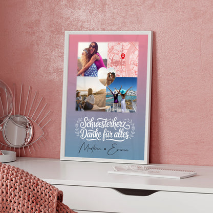Personalisiertes Poster Schwester mit 3 Fotos und 1 Herz Foto als Karte