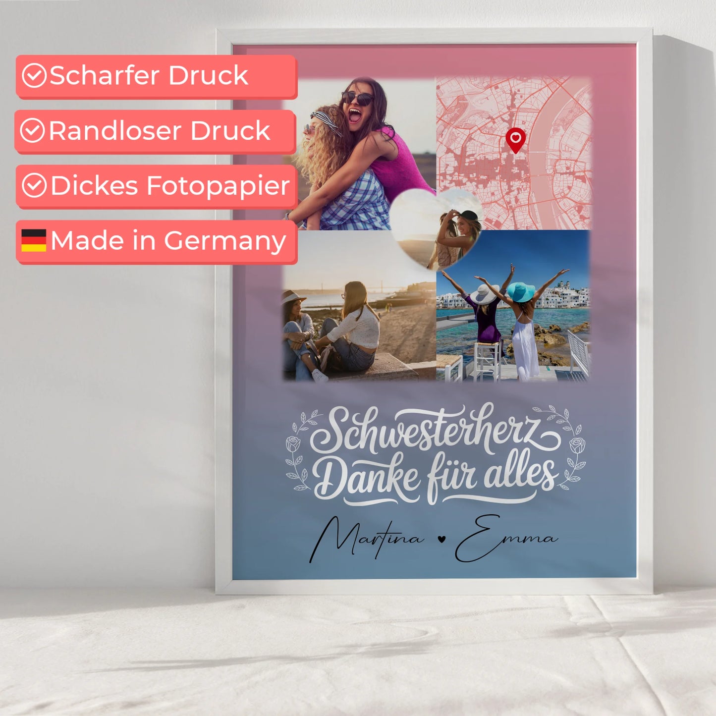 Personalisiertes Poster Schwester mit 3 Fotos und 1 Herz Foto als Karte