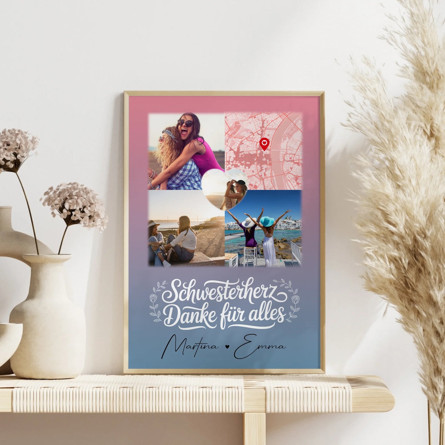 Personalisiertes Poster Schwester mit 3 Fotos und 1 Herz Foto als Karte