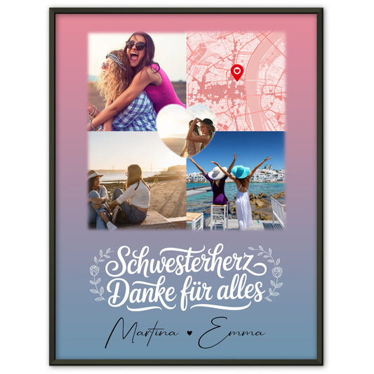 Personalisiertes Poster Schwester mit 3 Fotos und 1 Herz Foto als Karte