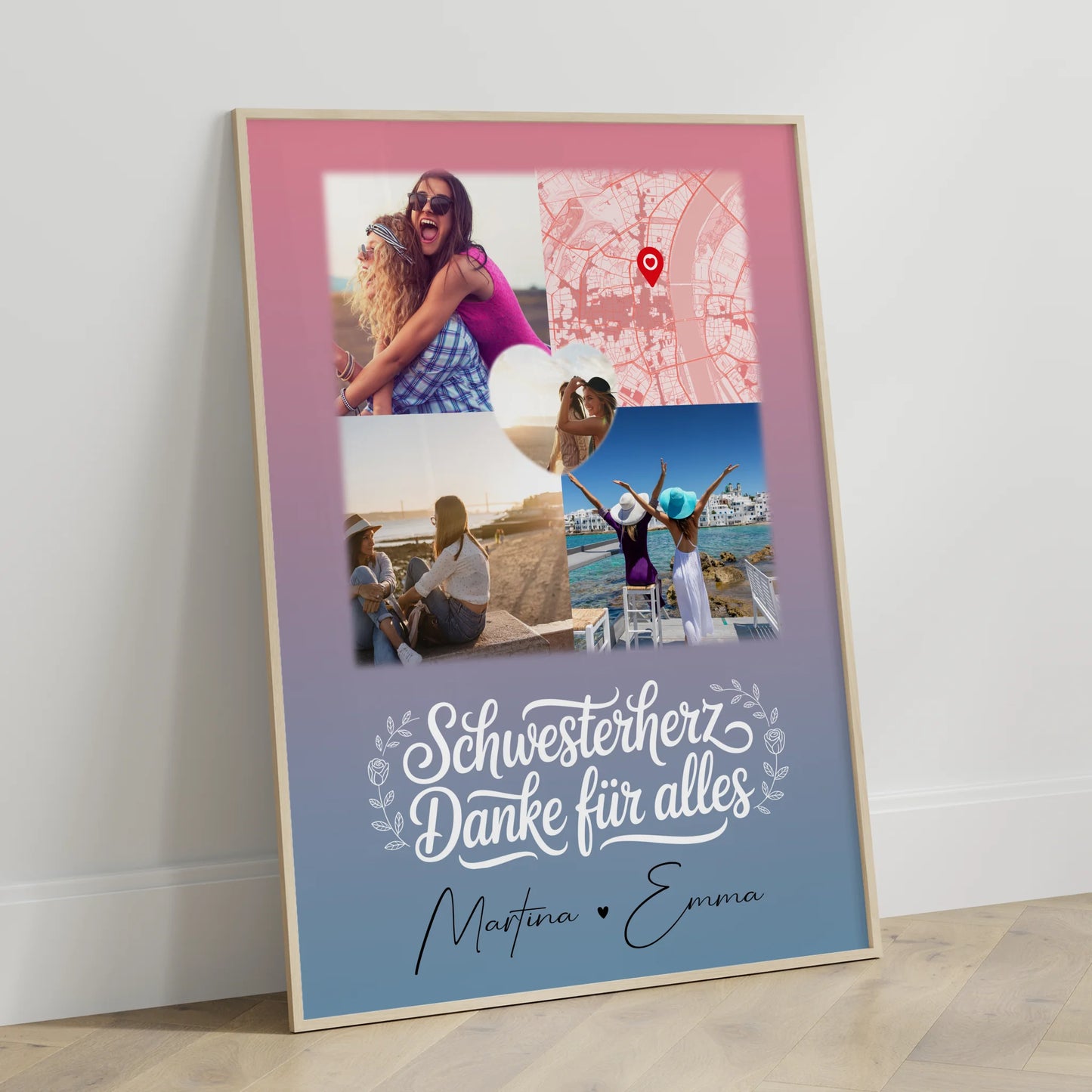 Personalisiertes Poster Schwester mit 3 Fotos und 1 Herz Foto als Karte