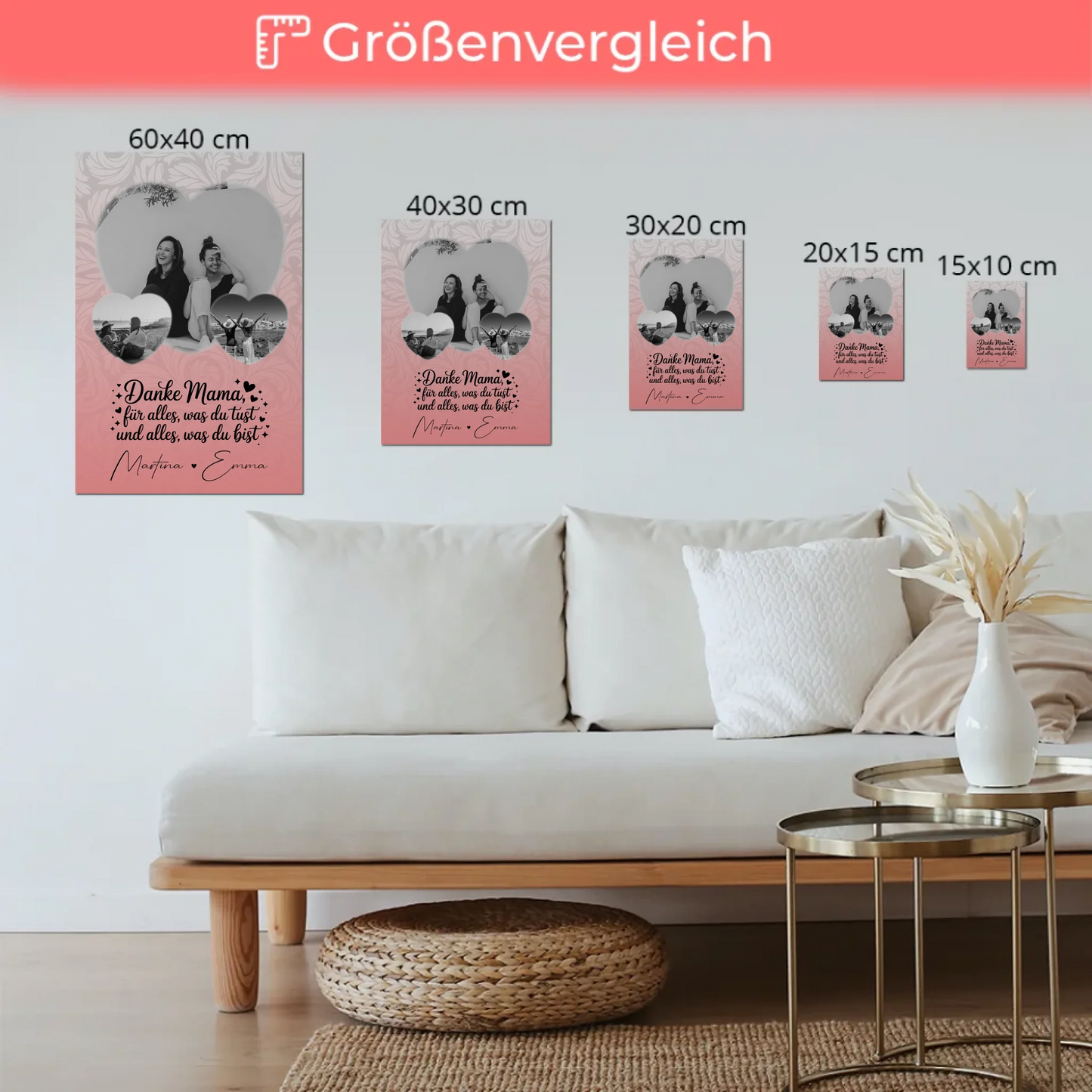 Personalisiertes Mama Plakat mit 3 Herz Fotos und Vergiss nie wie toll du bist