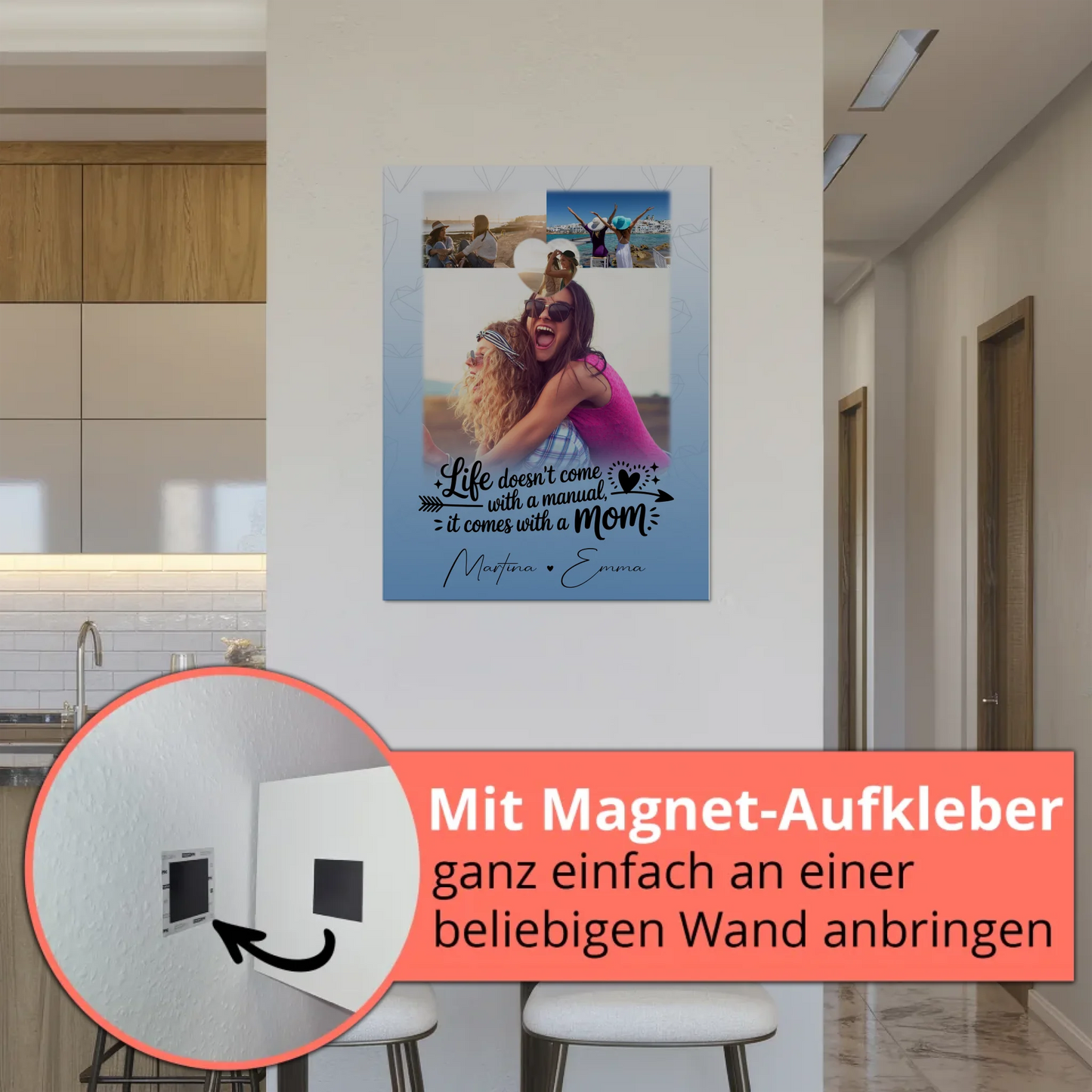 Personalisiertes Mama Plakat mit 3 Fotos und Herz Foto Life is better with you in it
