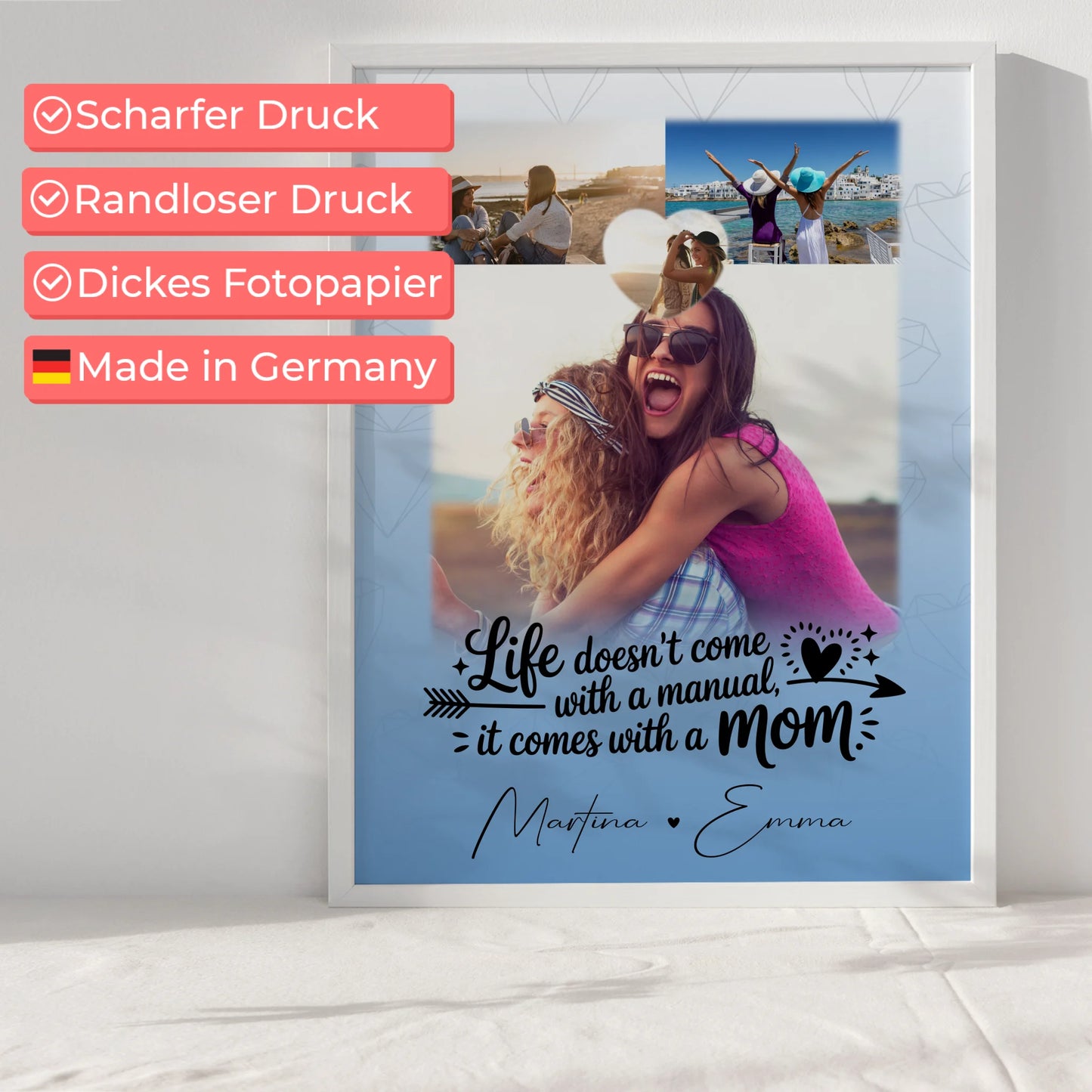 Personalisiertes Poster Mama mit 3 Fotos und 1 Herz Foto Life is better with you in it