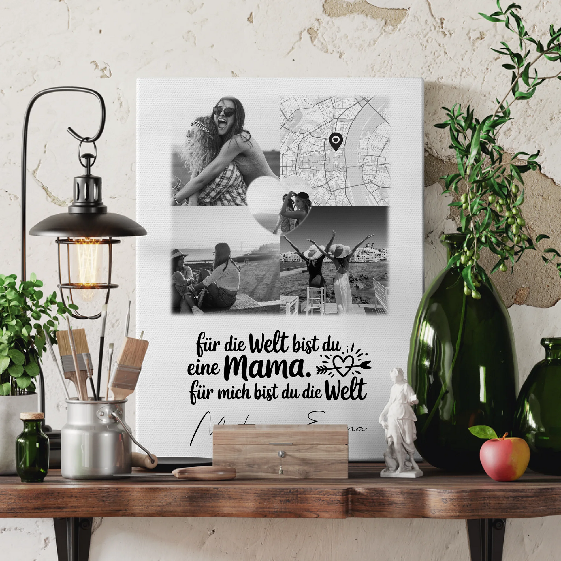 Personalisierte Leinwand Mama mit 3 Fotos Herz Foto Karte You make my heart smile 3