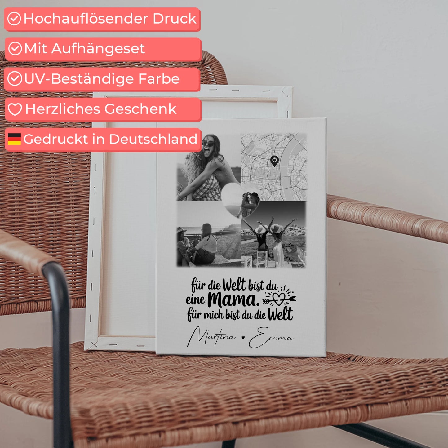 Personalisierte Leinwand Mama mit 3 Fotos Herz Foto Karte You make my heart smile 5