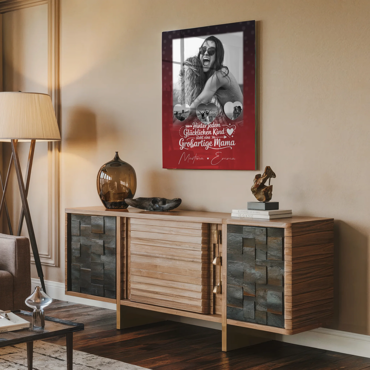 Mama Plakat Acrylglas Bild mit 1 Foto und 3 kleinen Herz Fotos Du bist mein Anker personalisiertes Geschenk
