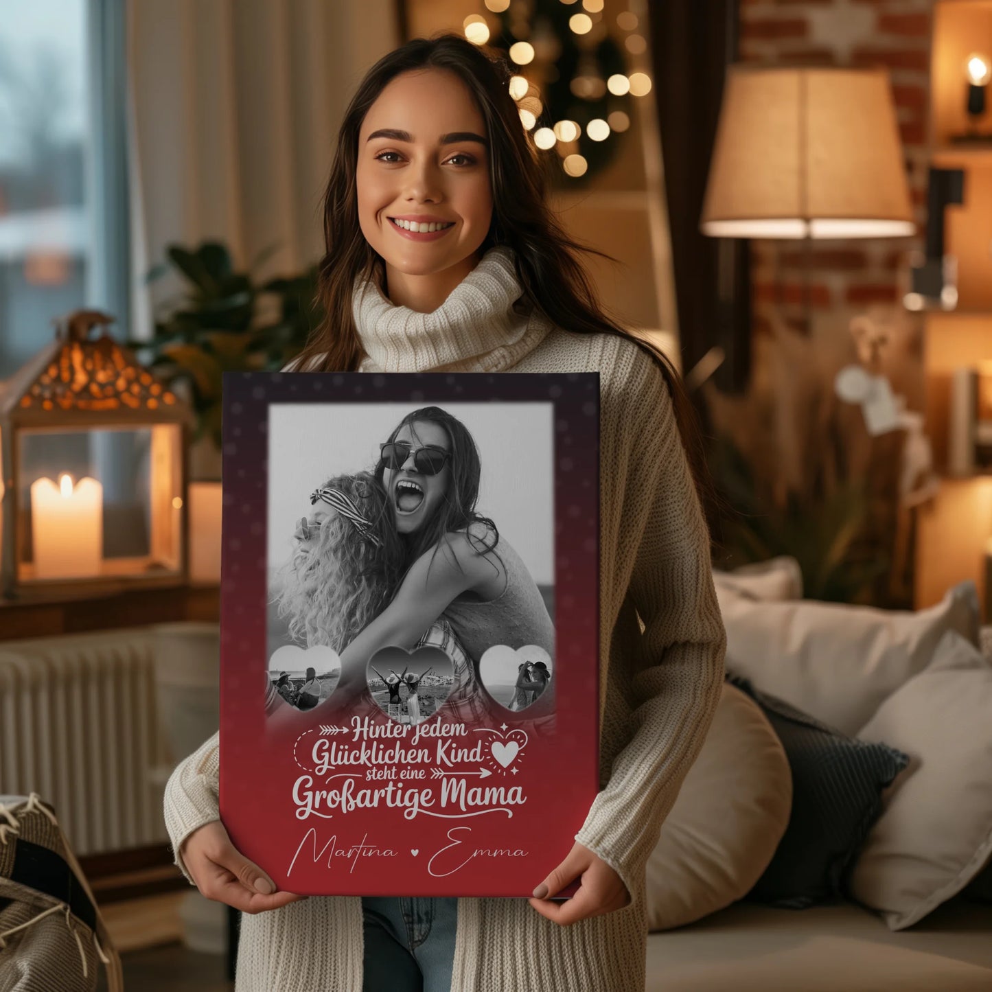 Personalisierte Leinwand Mama mit 1 Foto und 3 Kleine Herz Fotos Du bist mein Anker 2