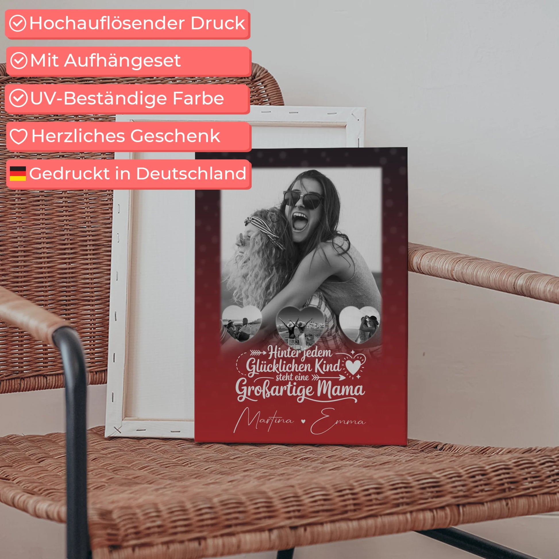 Personalisierte Leinwand Mama mit 1 Foto und 3 Kleine Herz Fotos Du bist mein Anker 5