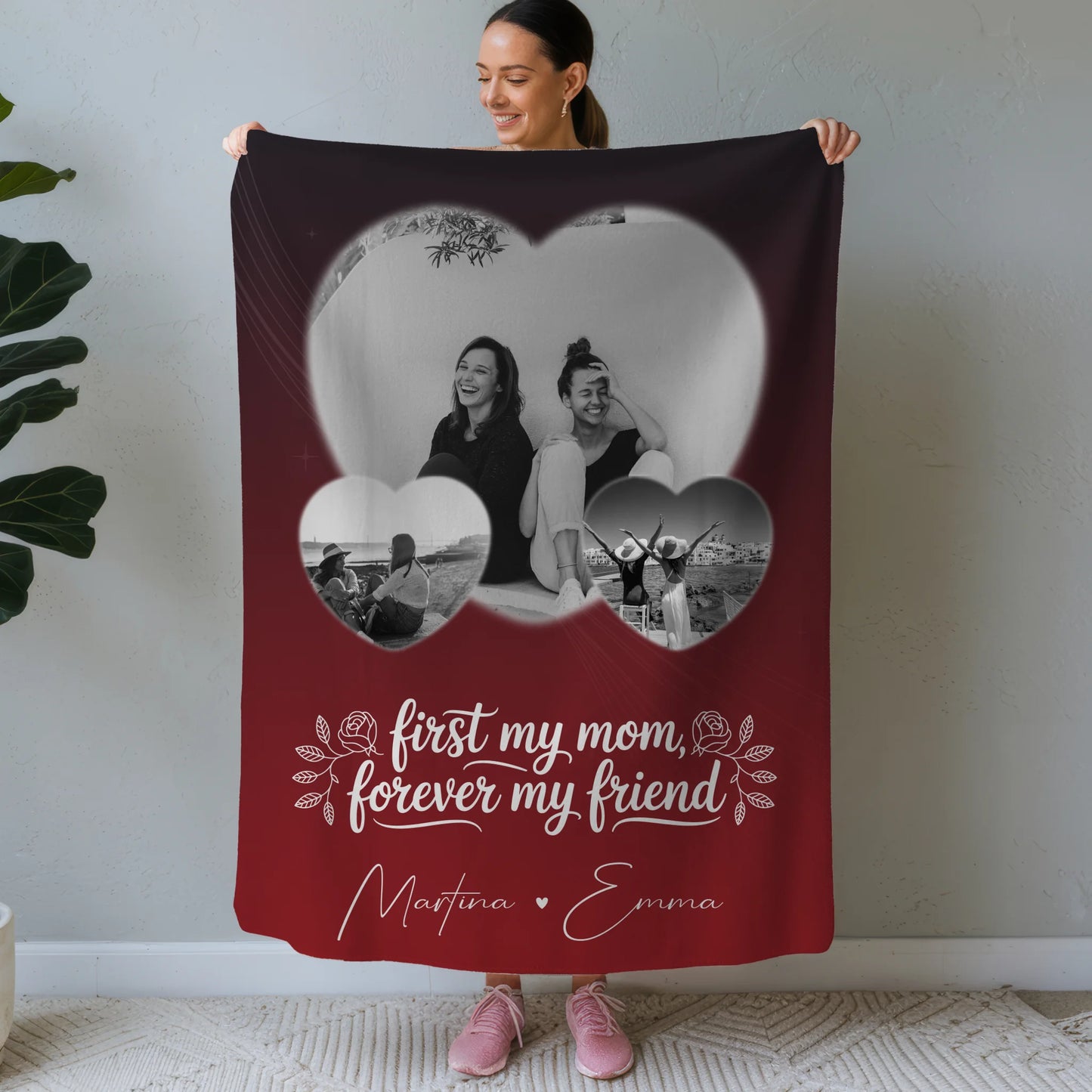 Personalisierte Kuscheldecke Mama mit 3 Herz Fotos und You are my sunshine on a cloudy day 1