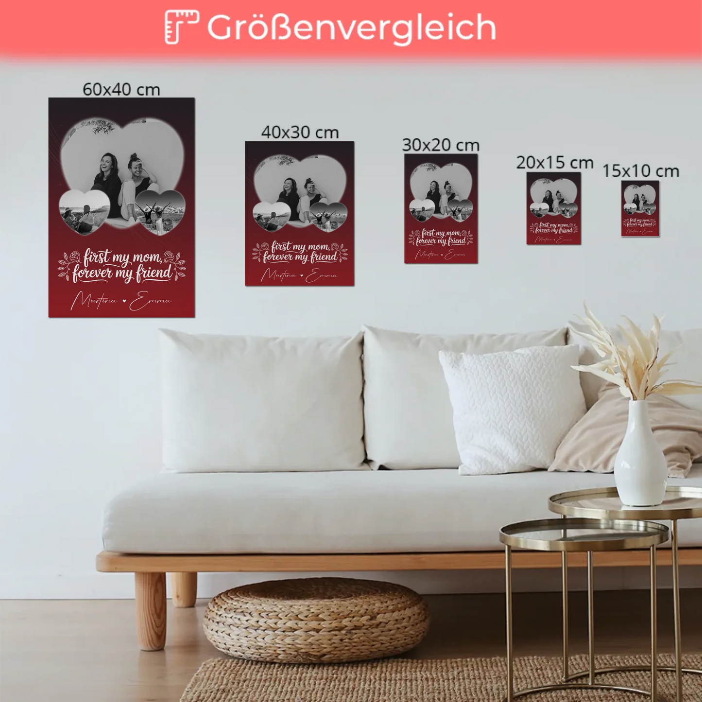 Personalisierte Mama Plakat mit 3 Herz Fotos und You are my sunshine on a cloudy day