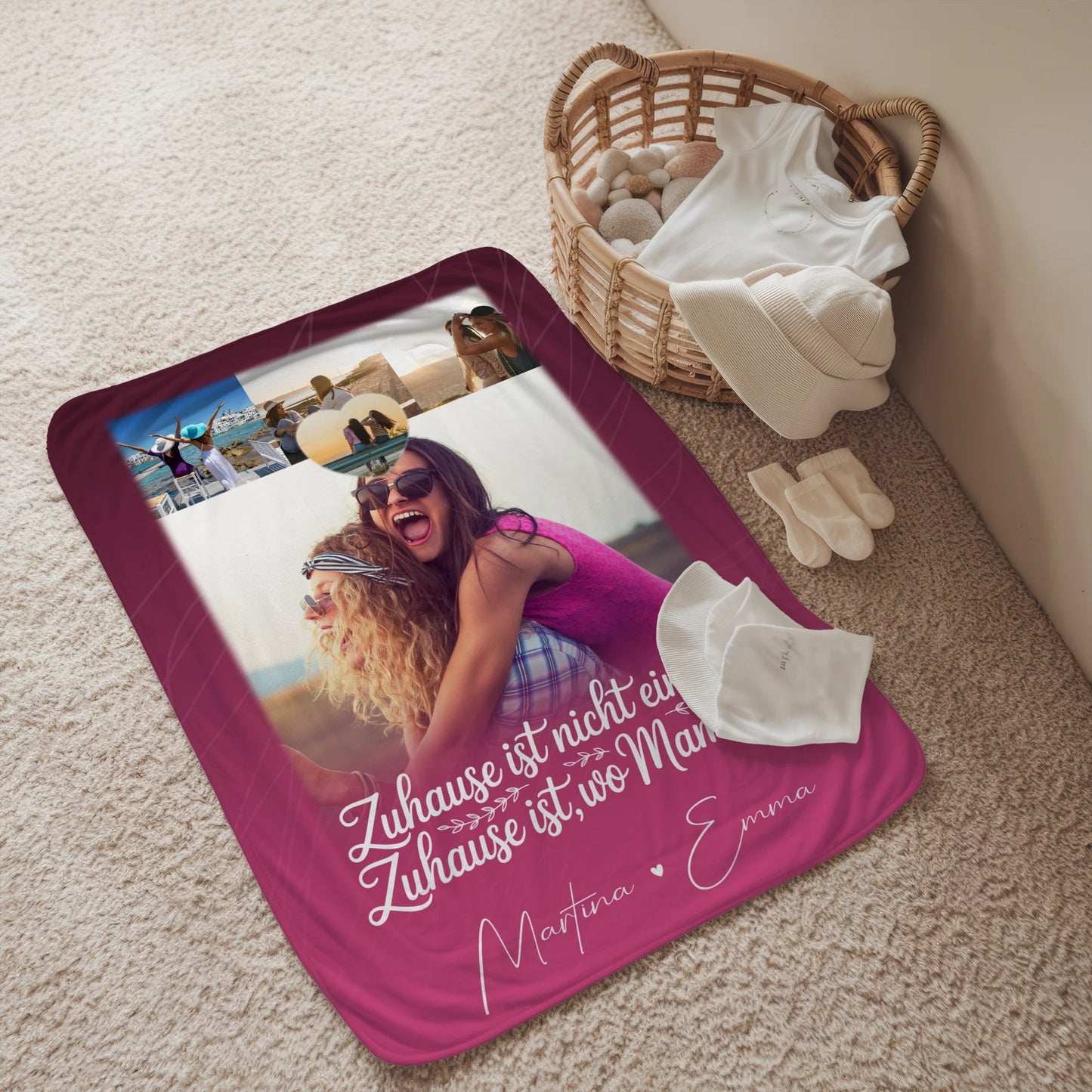 Personalisierte Namensdecke mit 4 Fotos und 1 Herz Foto Du bist cool ich bin cool passt 2