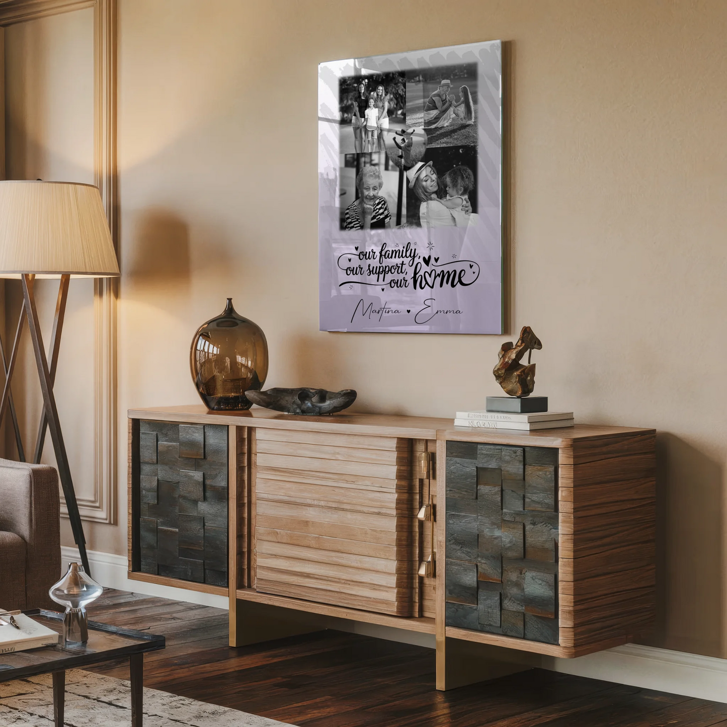 Familienbild Personalisiert Acrylglas Bild mit 4 Fotos und Herzmotiv Our Family