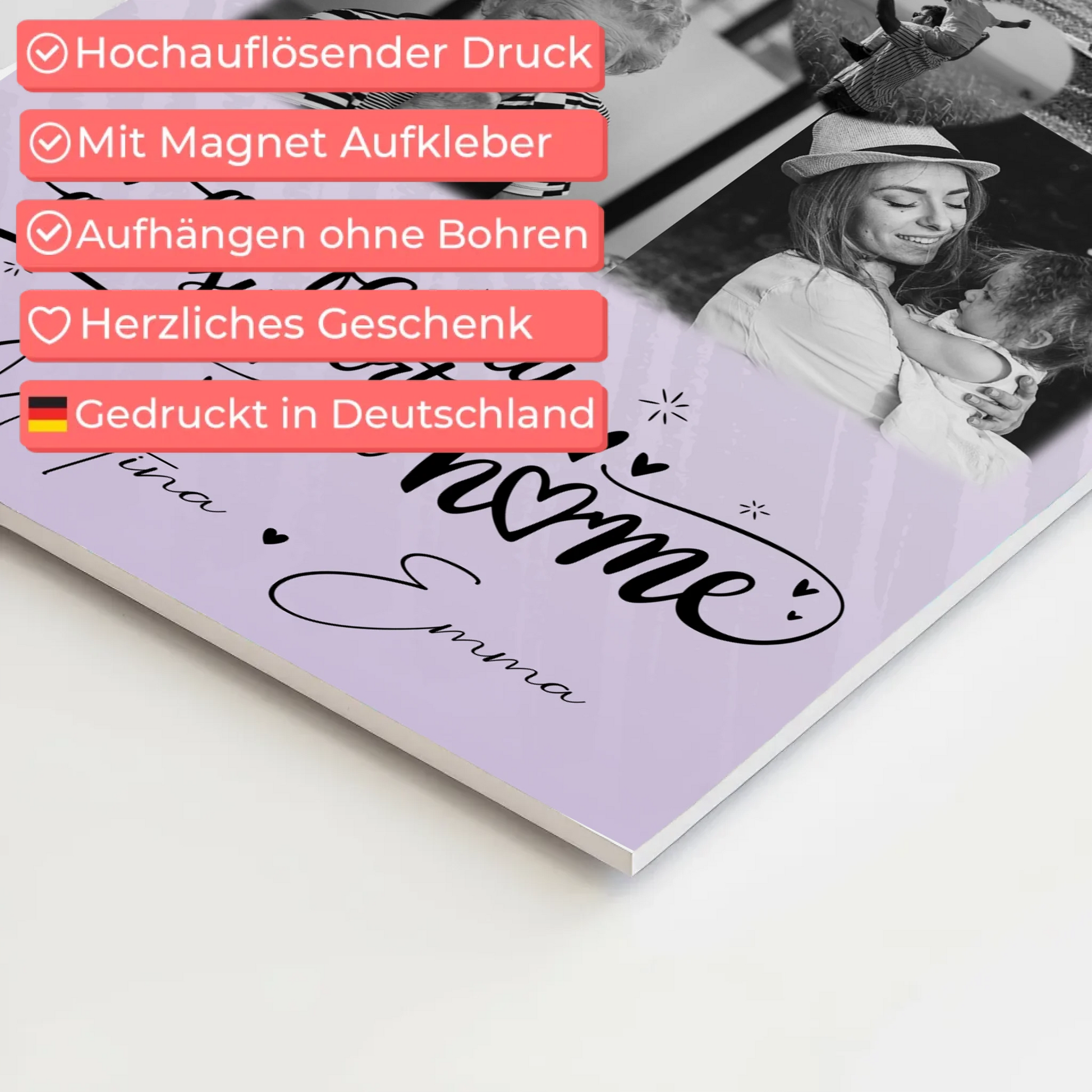 Familienbild Personalisiert Fotoboard mit 4 Fotos und Herz Foto Our Family 4