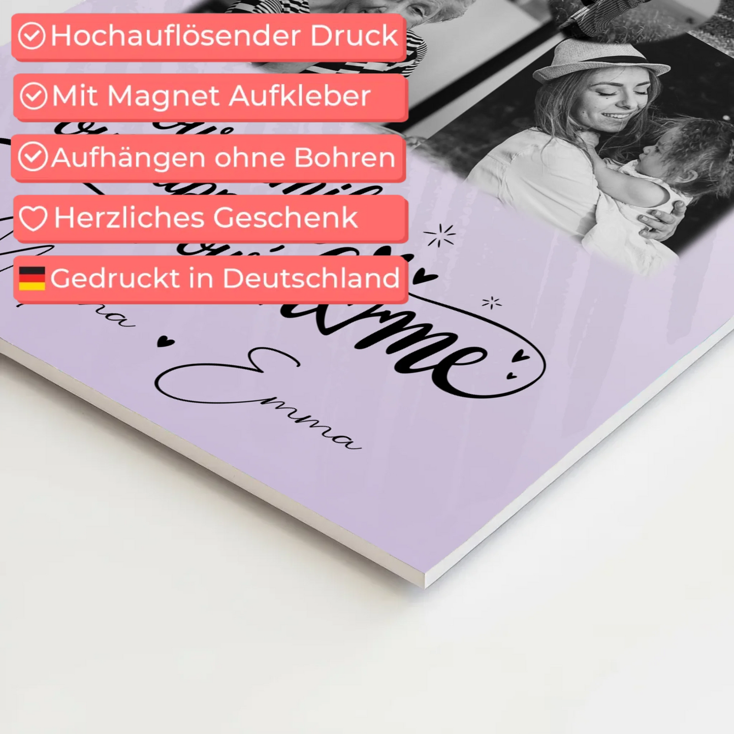 Familienbild Personalisiert Fotoboard mit 4 Fotos und Herz Foto Our Family 10