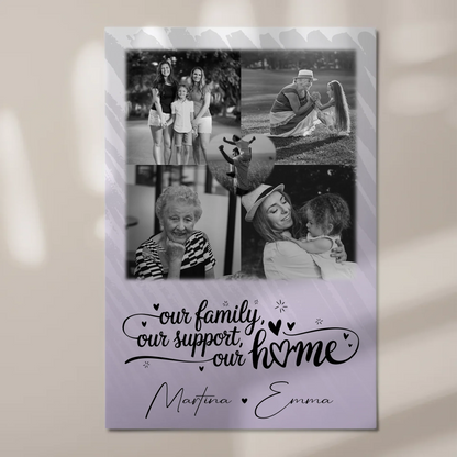 Familienbild Personalisiert Fotoboard mit 4 Fotos und Herz Foto Our Family