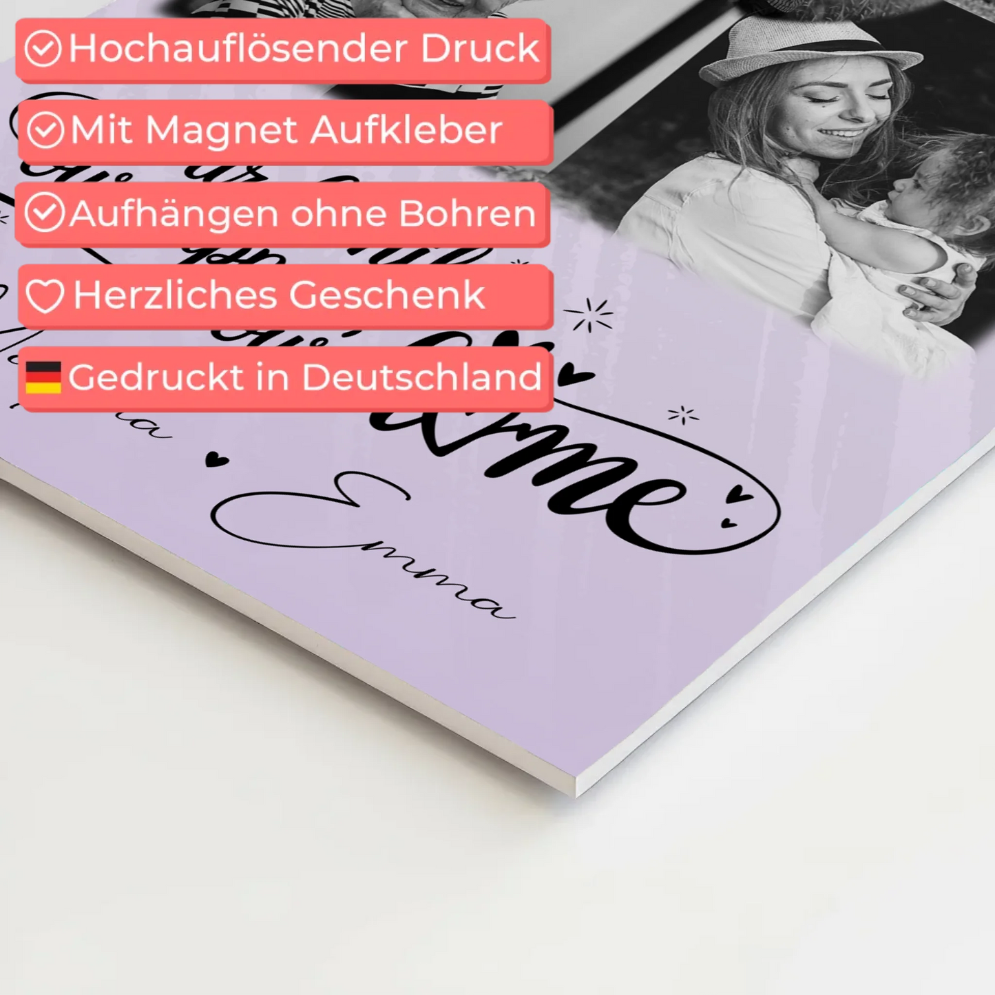 Familienbild Personalisiert Fotoboard mit 4 Fotos und Herz Foto Our Family